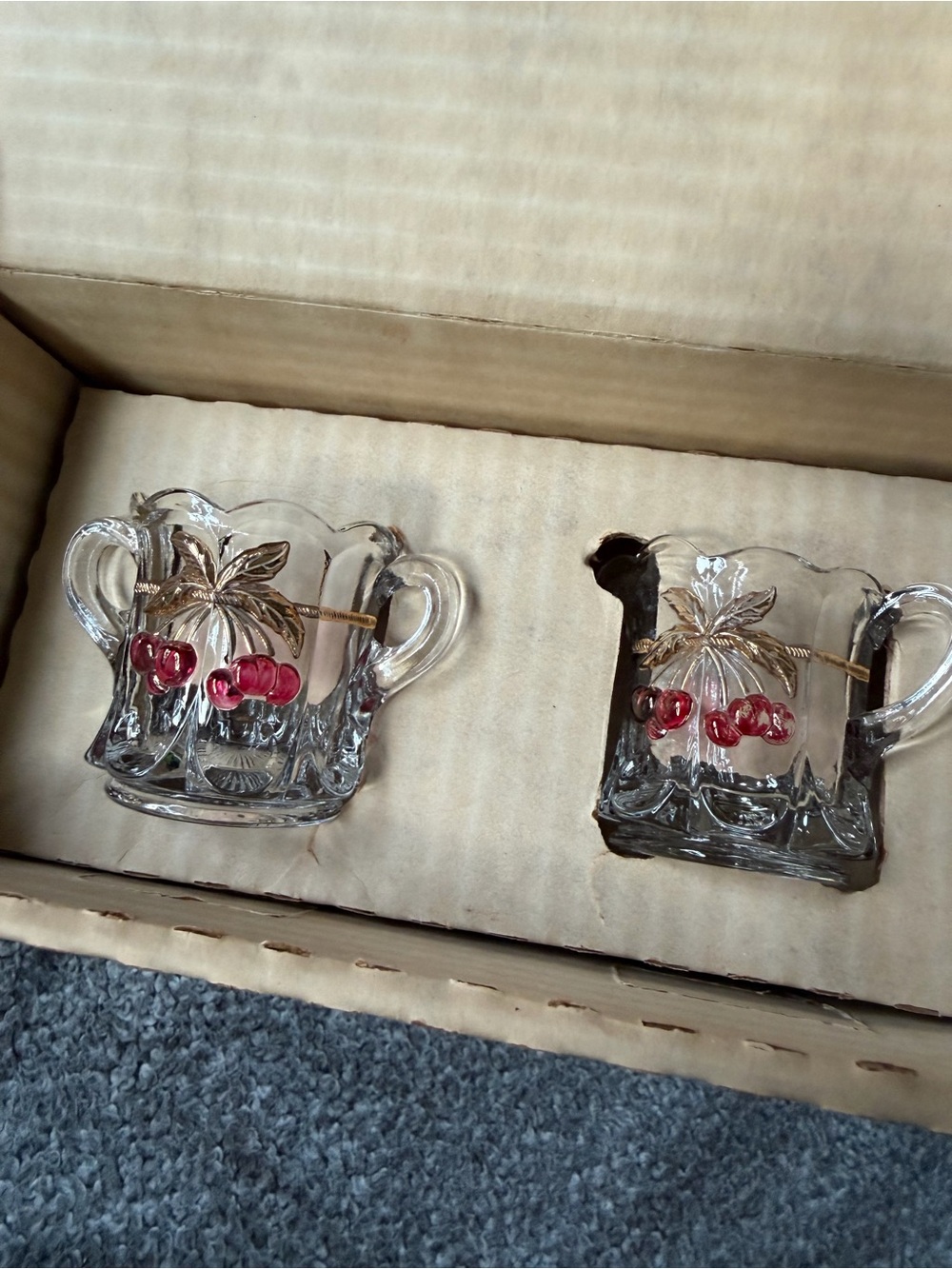 Vintage Glass Creamer and Sugar Set with Red Cherry Motif